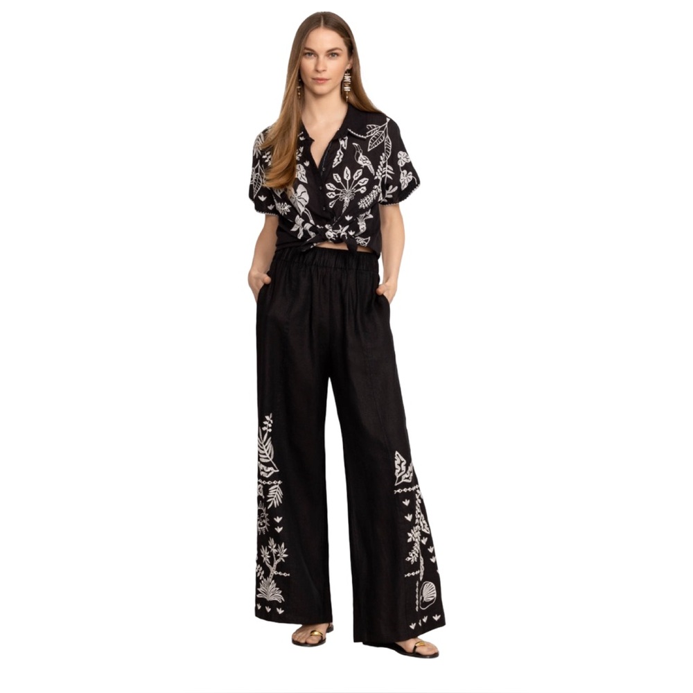 Johnny Was Workshop Luciana Linen Wide Leg Pants XS Black Embroidered Celestial